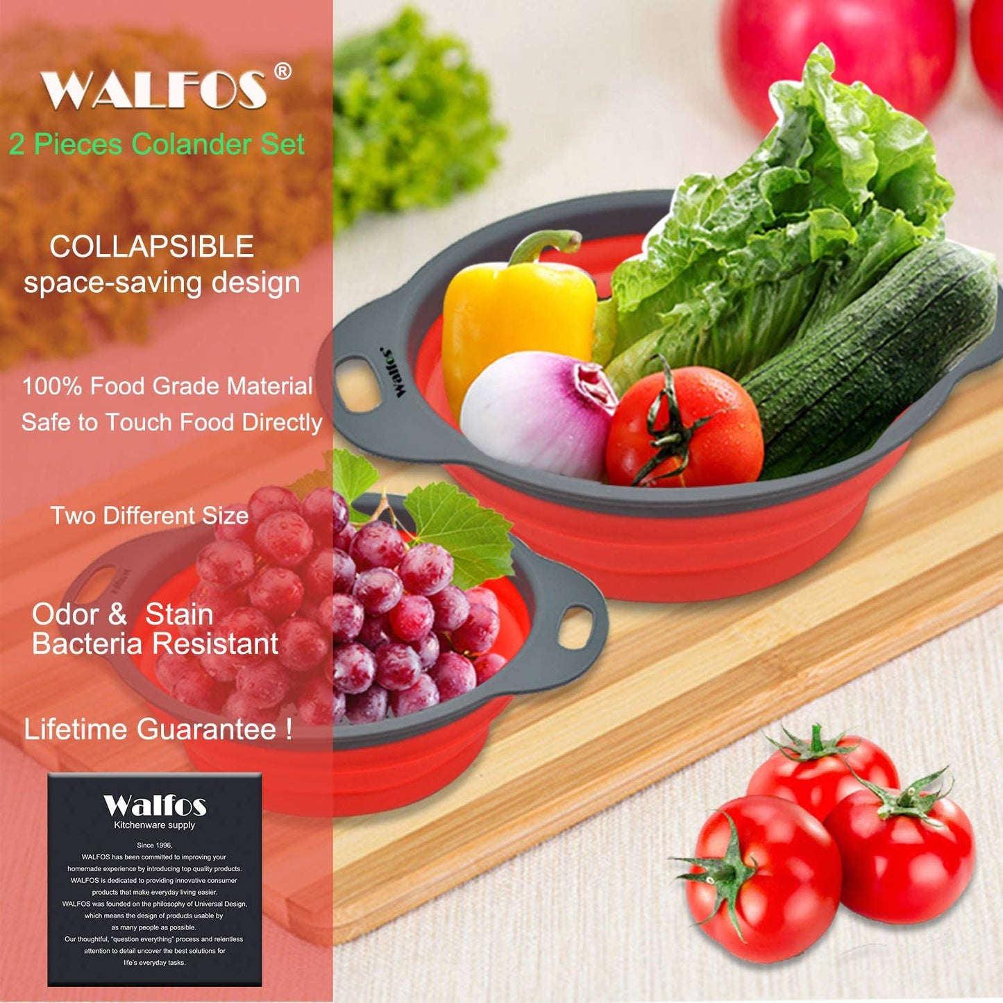 WALFOS 2 Pieces Foldable Silicone Collapsible Kitchen Colander Kitchen Strainer